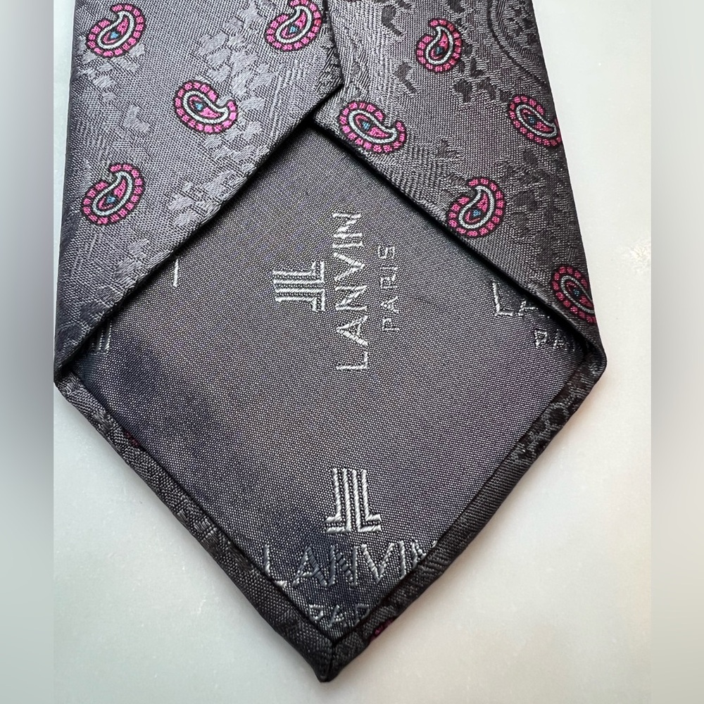 Vintage 90s Lanvin Paris Silk Tie Grey Pink Paisley Jacquard Luxury Necktie - Picture 4 of 4